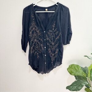 Anthropologie Black Blouse with Brown Embroidery